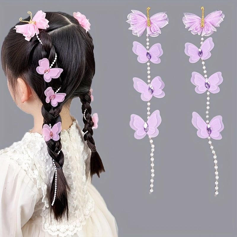 New set of 2 girls' hair clips featuring butterfly imitation pearls, cute mesh yarn flower, long bead tassel, and braided hair chain for youngsters' headwear.