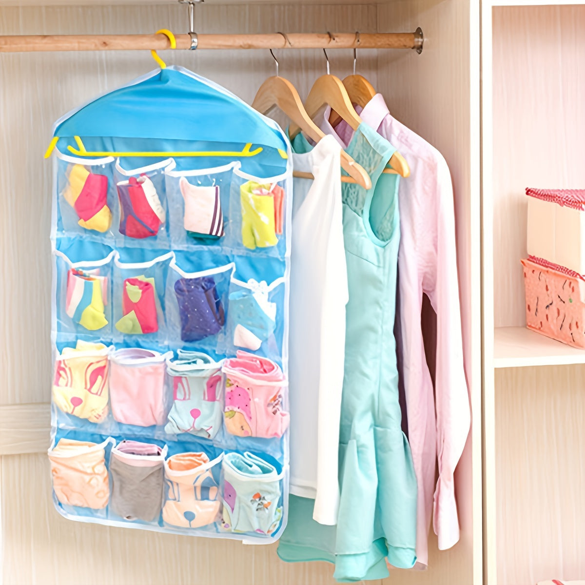 Vibrant 16-pocket hanging organizer for socks, underwear, and small items made of durable polyester with mesh pockets, perfect for bedroom or living room.