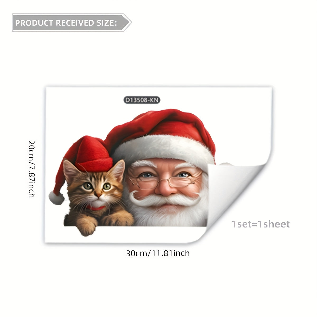 Santa Claus and Cat Christmas glass sticker with double-sided static cling, perfect for plastic surfaces. This self-adhesive window decal is made of 20-silk PVC and is perfect for festive holiday decor. Item D13508-KN is for single use only.