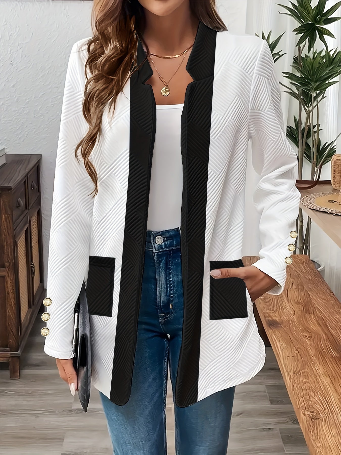 Women's lightweight blazer with pockets, solid color, geometric texture, long sleeve, V-neck, machine washable.