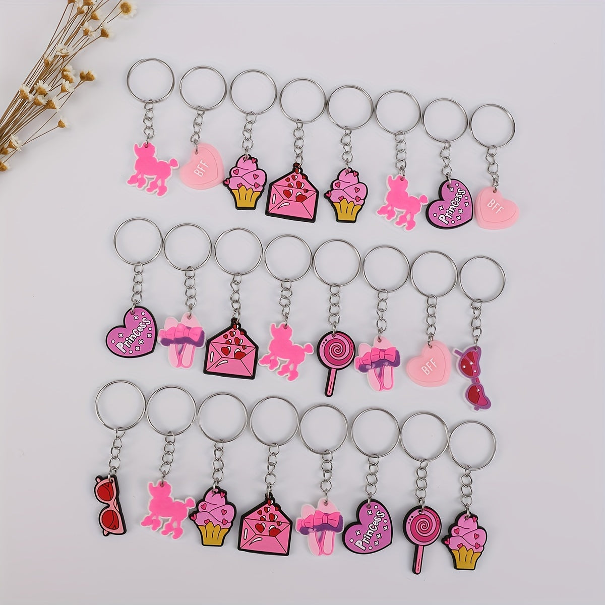 Stylish Pink PVC Keychain Set - Variety of Adorable Cartoon Charms featuring Hearts, Poodles, Ice Cream & Lollipops - Ideal Present for ladies and young girls