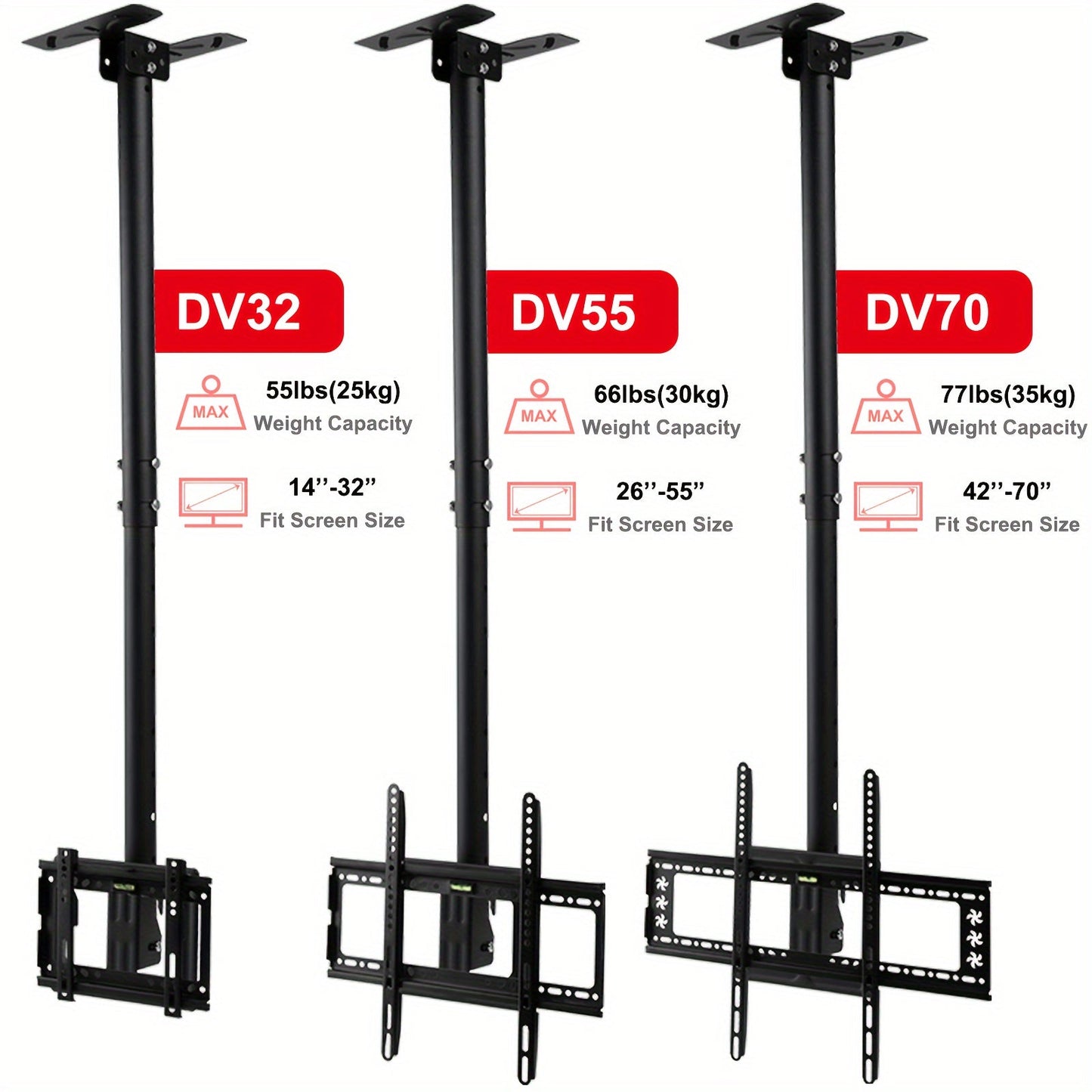 This adjustable TV ceiling mount bracket is designed to fit most LED, LCD, OLED, and plasma flat screen displays ranging from 26 to 65 inches. It has a maximum VESA pattern of 600x400mm and can hold up to 31.75kg.