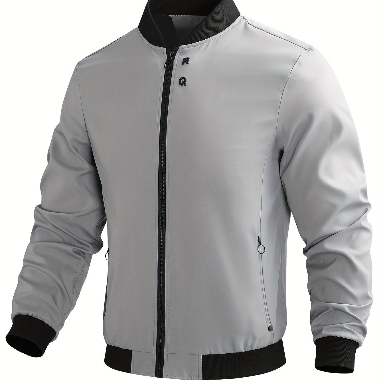 Trendy loose fit windproof jacket for plus size men, with zip closure and solid design.