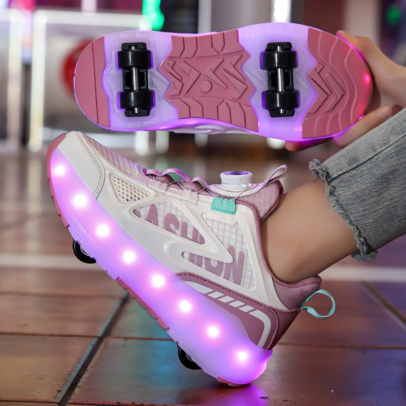 Fashionable roller skates designed for girls under 14 with detachable wheels, LED lights, breathable fabric, and a secure closure.