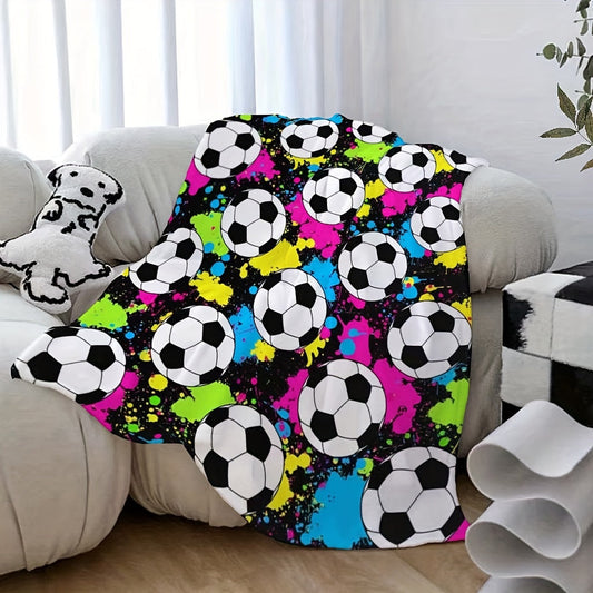 Contemporary Style Reversible Flannel Fleece Blanket with Soccer Ball Digital Print - Perfect for All Seasons, Bed and Sofa Use - Made of Durable Machine Washable Polyester - Ideal for Multi-Purpose Use