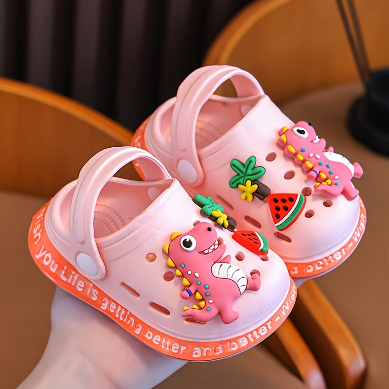 Cute cartoon dinosaur clogs for kids, perfect for indoor and outdoor use.