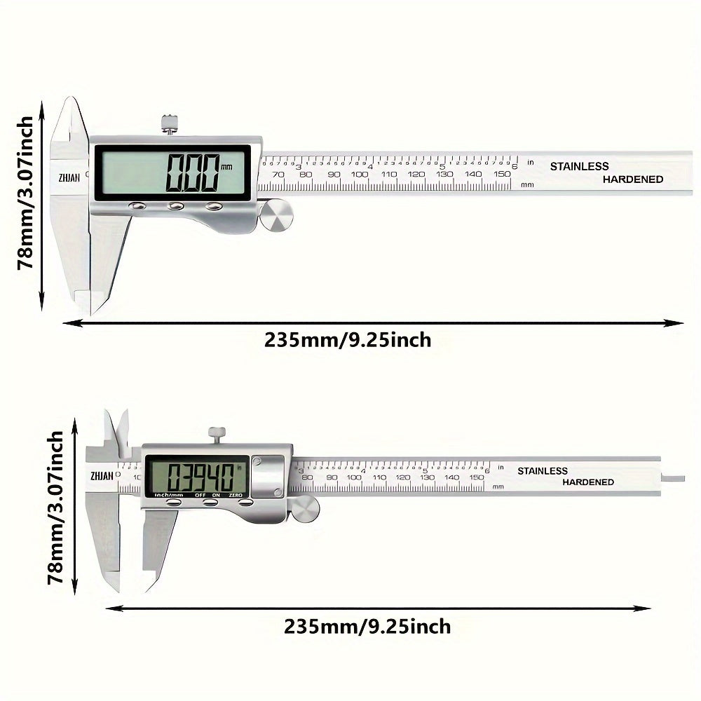 Stainless steel digital caliper with large display, automatic shut-off, and inch/mm conversion. Battery powered with non-rechargeable button battery.