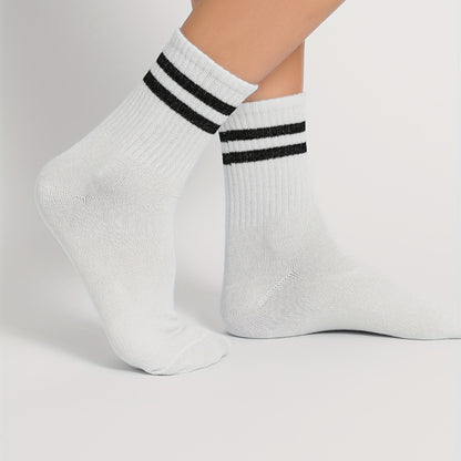 6 pairs of comfy striped print mid tube socks for women, perfect for sports and college style.