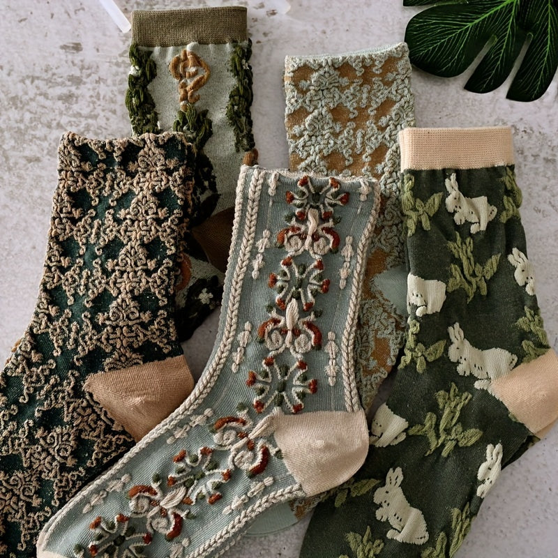 5 pairs of cute floral print mid-tube socks for women