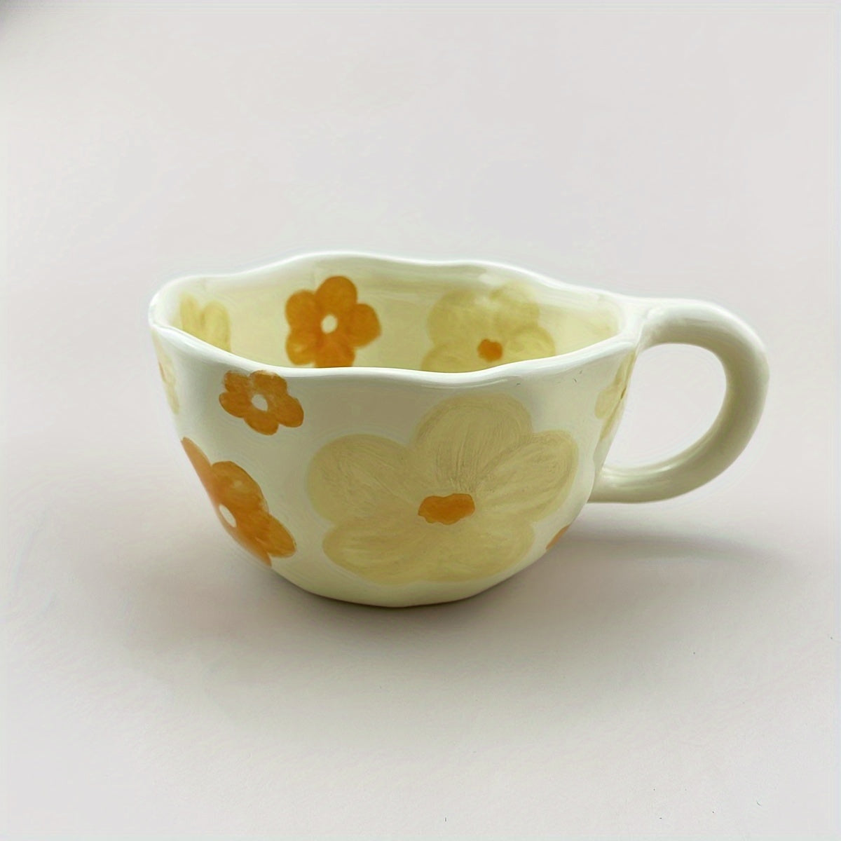 Ceramic mug with flowers pattern, irregular shape, Korean style, suitable for coffee, milk, tea, oatmeal, and breakfast.