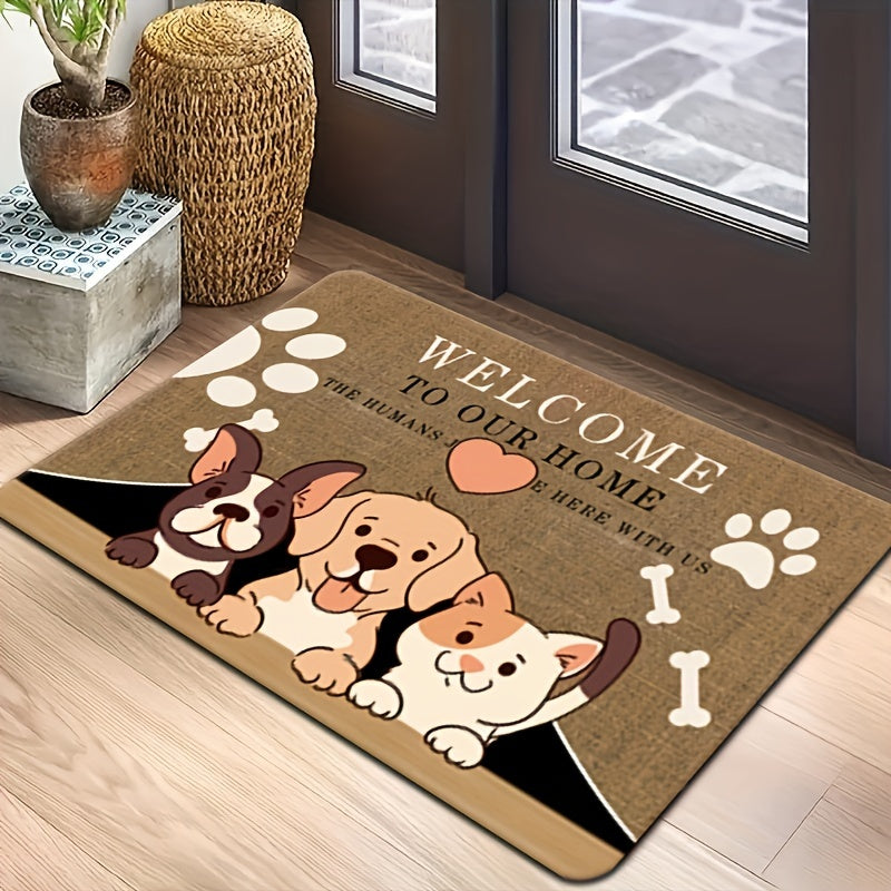 Charming Cartoon Dog Welcome Mat - Durable, Non-Slip, Stain & Water Resistant Polyester Rug featuring "Welcome to Our Home" Message, Paw Print & Bones Pattern - Ideal for Bathroom, Kitchen, and Laundry Room Entryway - Easy to Clean by Hand, Long-Lasting