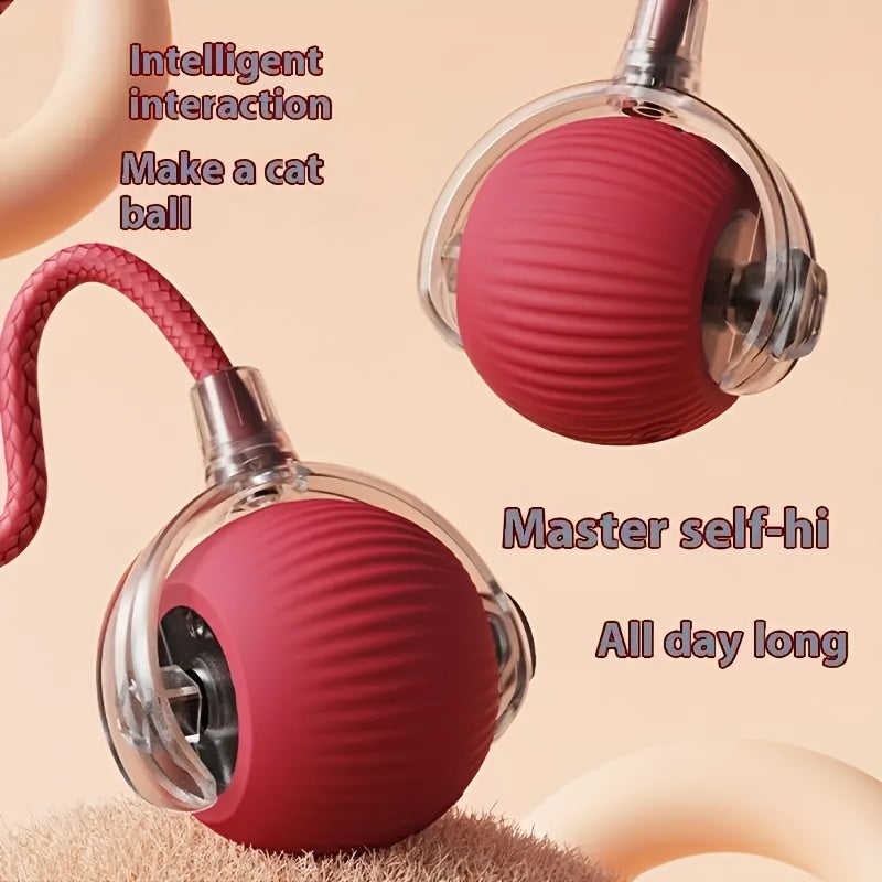 TOOP USB Rechargeable Interactive Cat Toy Ball with Tassel Stick - Automatic Self-Rotating Silicone Teaser for Indoor Cats, Red Ribbon Design for Playful Training and Exercise.