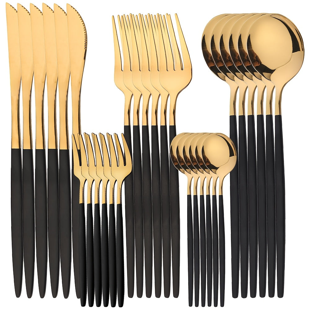 Elegant 30-piece stainless steel cutlery set with mirror finish, dishwasher safe, including forks, knives, and spoons. Durable tableware collection.