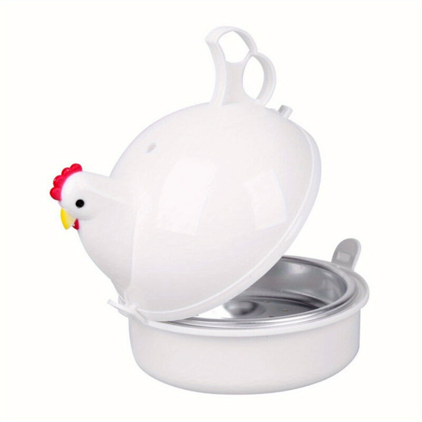 White Aluminum Alloy and PP Material Microwave Egg Steamer with Cute Chicken Shape, Four Grids, and Home Use for Boiling Eggs, Steaming Eggs, Steaming Buns, etc. Ideal for Cookware Use.