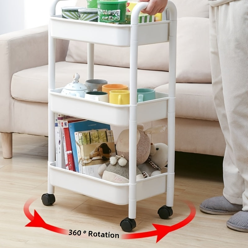 Three-tier rolling corner organizer cart that swivels 360 degrees for effortless mobility. Made of durable plastic, this cart requires no power and features wheels for easy movement in the kitchen, bathroom, living room, or office.