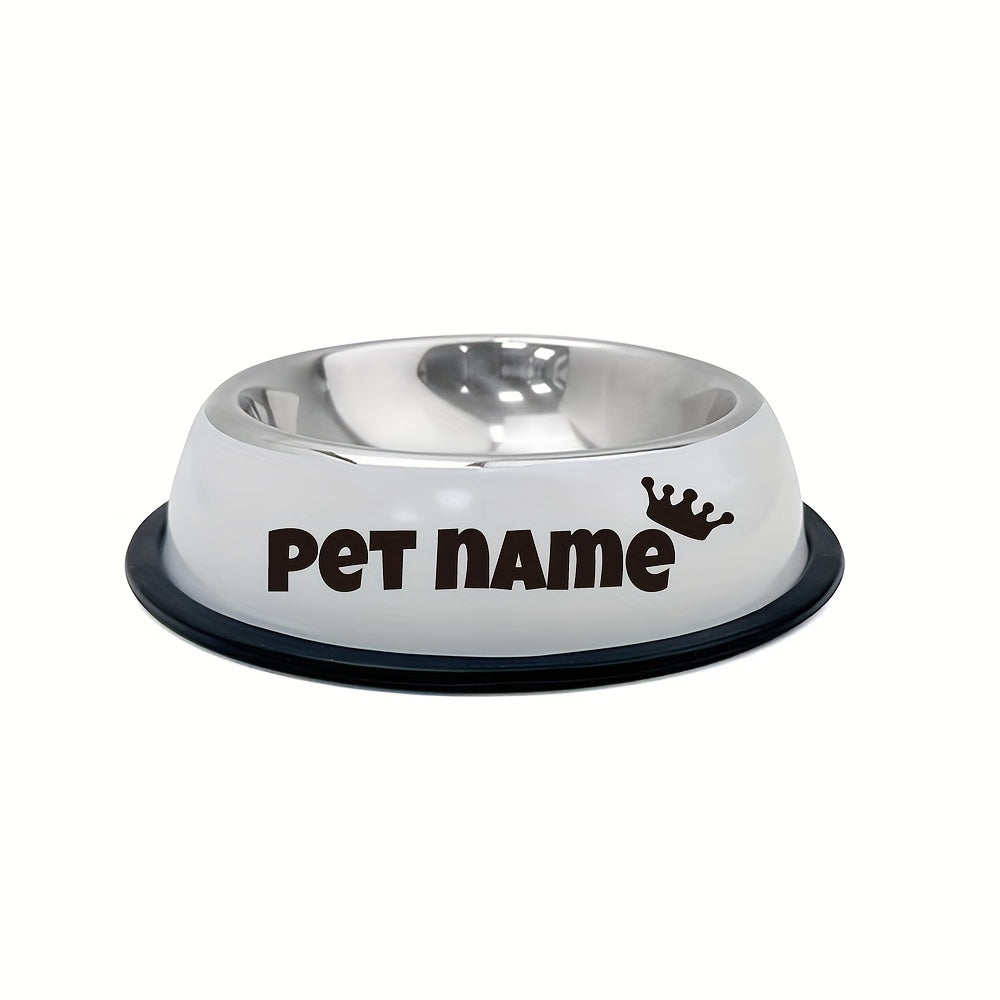 Custom stainless steel dog bowl with non-slip base for small, medium, and large dogs. Personalize with pet's name for food and water.