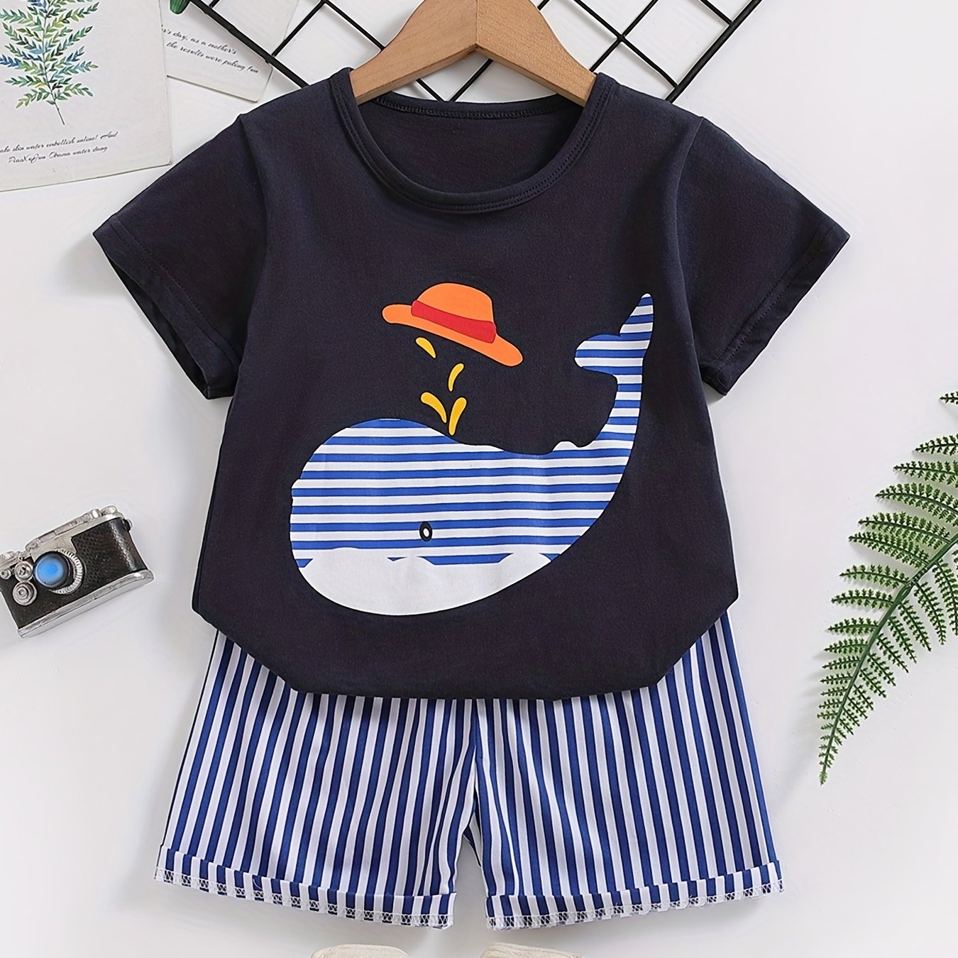 Boys Whale Casual Outfit: T-shirt & Striped Shorts for Summer Wear