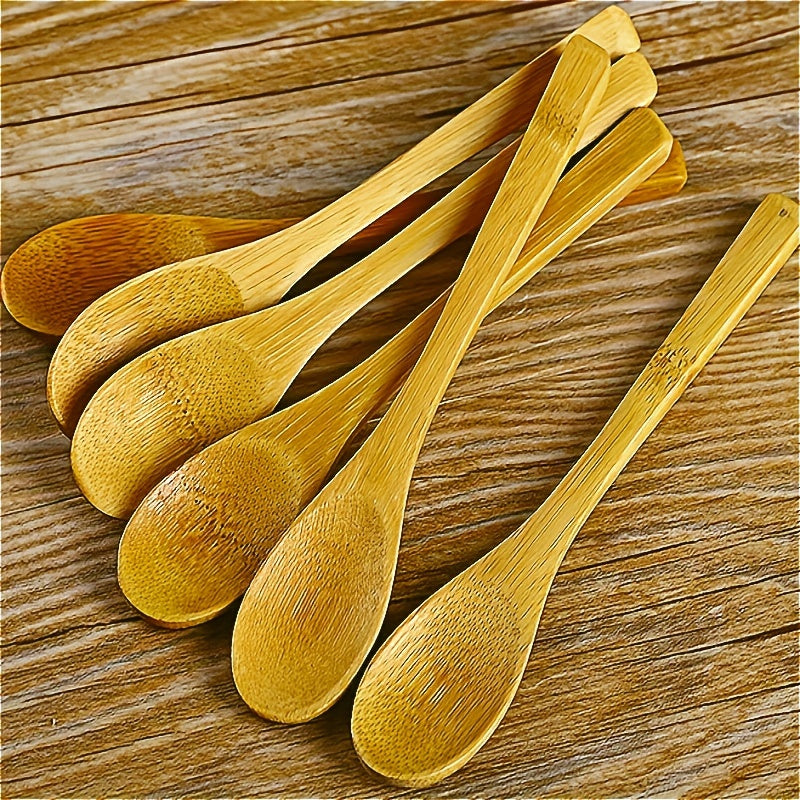 6-piece durable wooden spoon set with long handles, ideal for using with coffee, honey, ice cream, and desserts. Anti-scald material ensures safety during use.