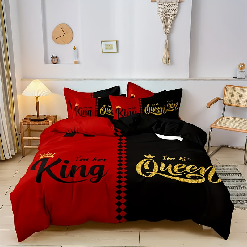 King & Queen Crown 3pcs Duvet Cover Set - Soft Breathable Polyester, Zipper Closure - Includes 1 Duvet Cover & 2 Pillowcases, Machine Washable, Digital Print