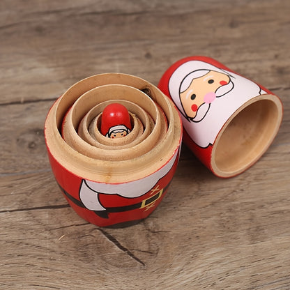 Handmade wooden Santa nesting dolls for kids, perfect for holidays.