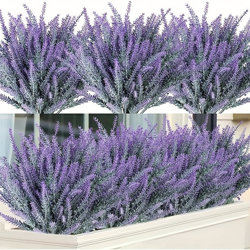 4 bundles of artificial lavender faux plastic purple flowers for indoor and outdoor home decor.