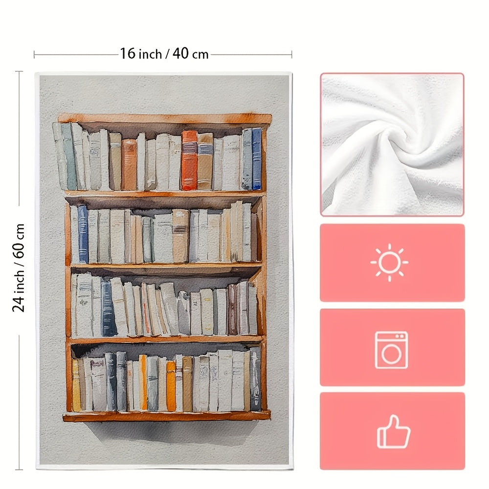 Two pieces of ultra soft kitchen towels featuring a minimalist bookshelf design. These highly absorbent and machine washable dish hand towels are perfect for contemporary coastal decor. Each towel measures 40.64x60.96 cm.