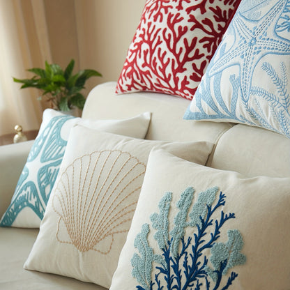 Ocean animal embroidery throw pillow case for living room, bedroom, couch, sofa - 17.72" x 17.72" - single-sided printed.