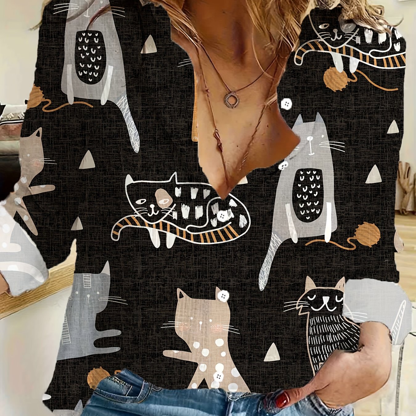 Spring and summer women's fashion long-sleeve casual shirt featuring cat and fish print.