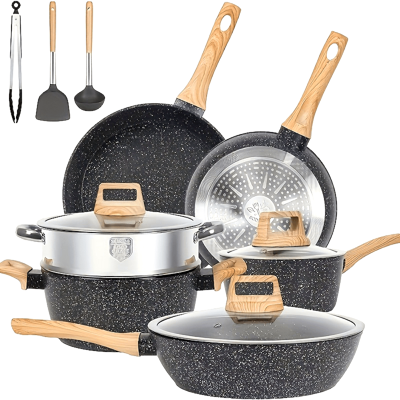 Non-Stick Cookware Set Including 12 Pots and Pans, Granite Induction Cooking Set with Frying Pan, Steamer, Silicone Spatula, and Tongs in White Color