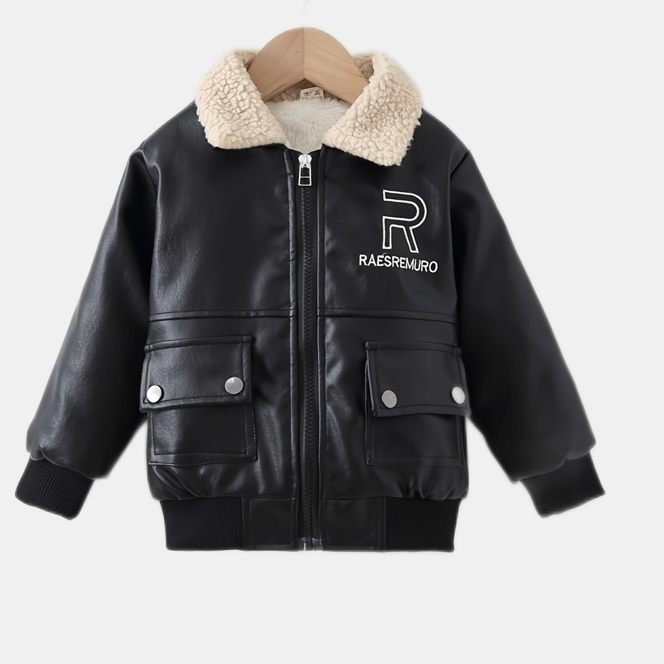 Boys' PU leather jacket with shearling collar for casual winter style, featuring warm fleece lining and multiple pockets.