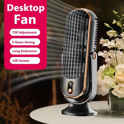 TENGQU Portable USB Desktop Fan - Dual Blade, 5-Speed Adjustable with 360° Rotation, Perfect for Home, Office, Travel, and Camping.