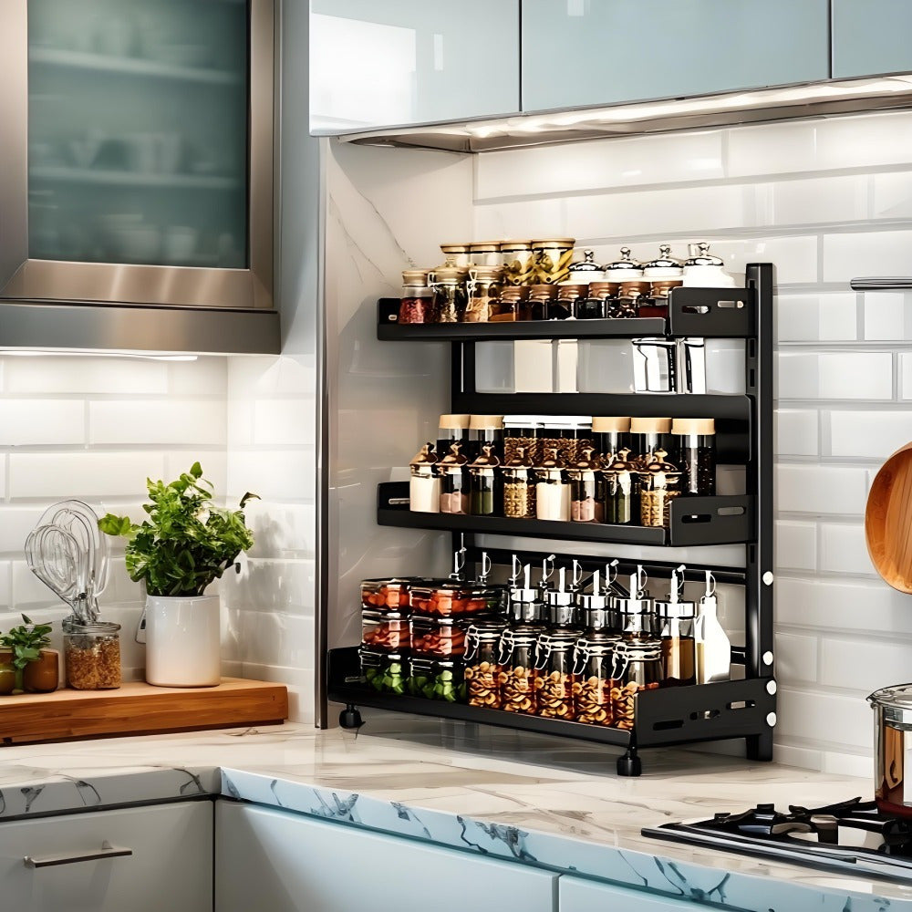 Tiered Metal Spice Rack Organizer - Organize Spices, Jars, and Bottles on Your Countertop - Sturdy Kitchen Storage Solution