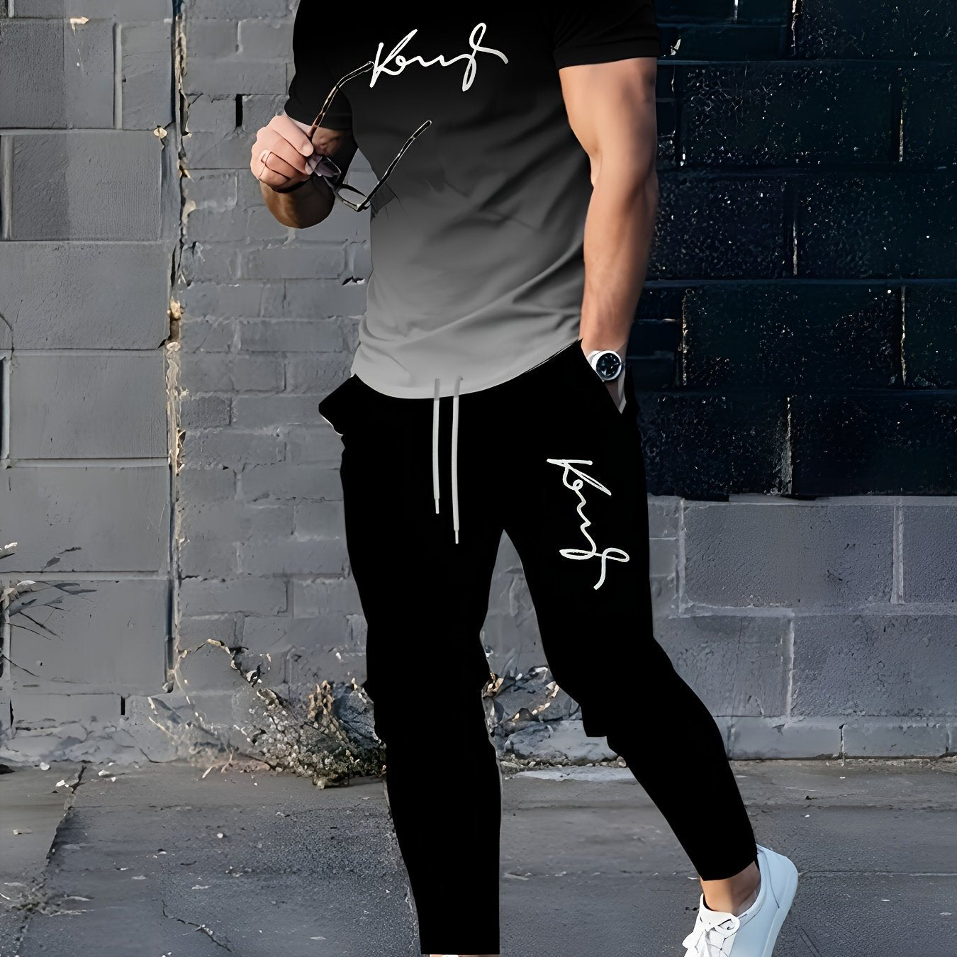 Black and white gradient 3D print men's short-sleeve set