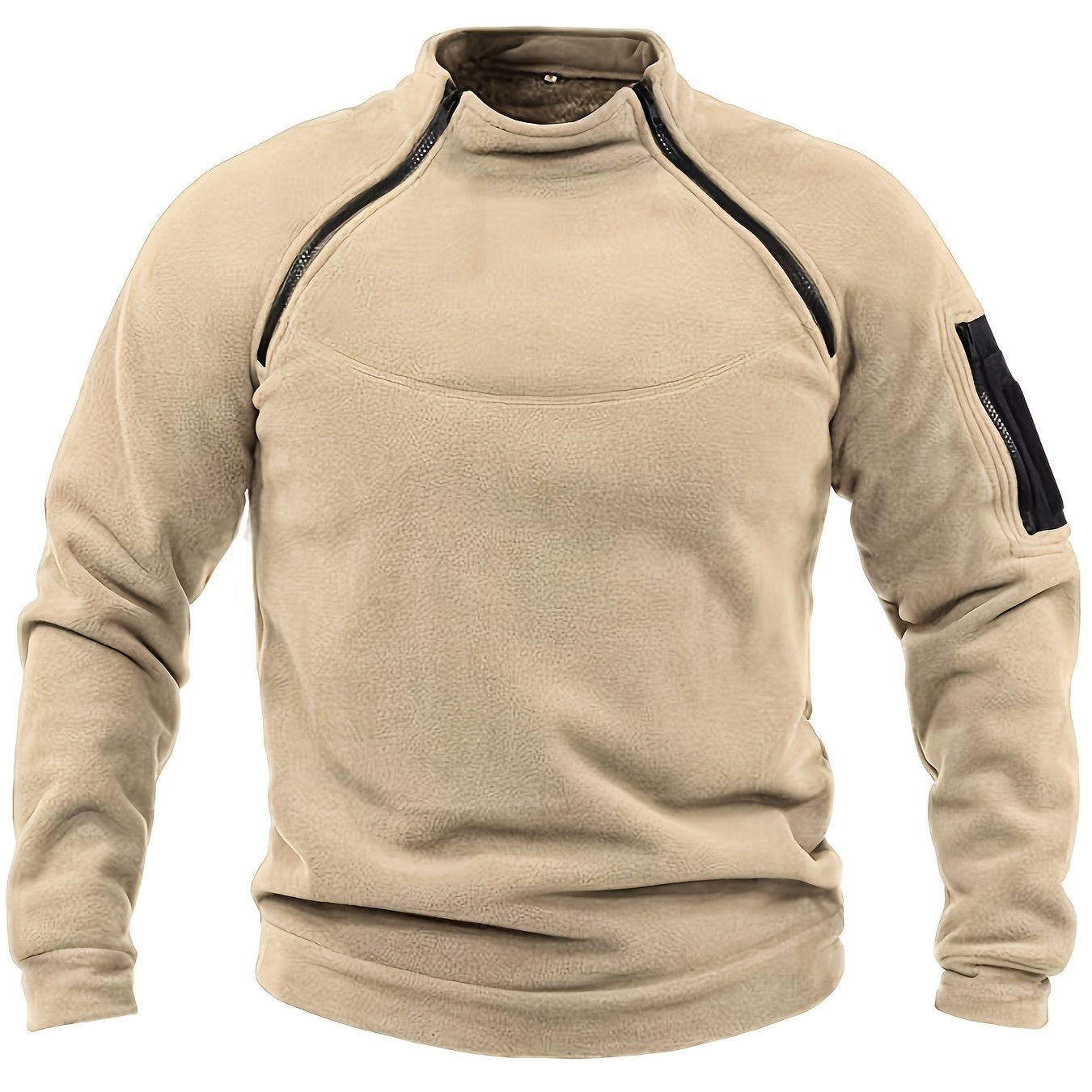 Men's Tactical Fleece Sweatshirt in Beige with Black Accents - Warm, Breathable, Durable, Zip-Up Design for Fall/Winter Outdoor Activities. Made of Polyester, Machine Washable with