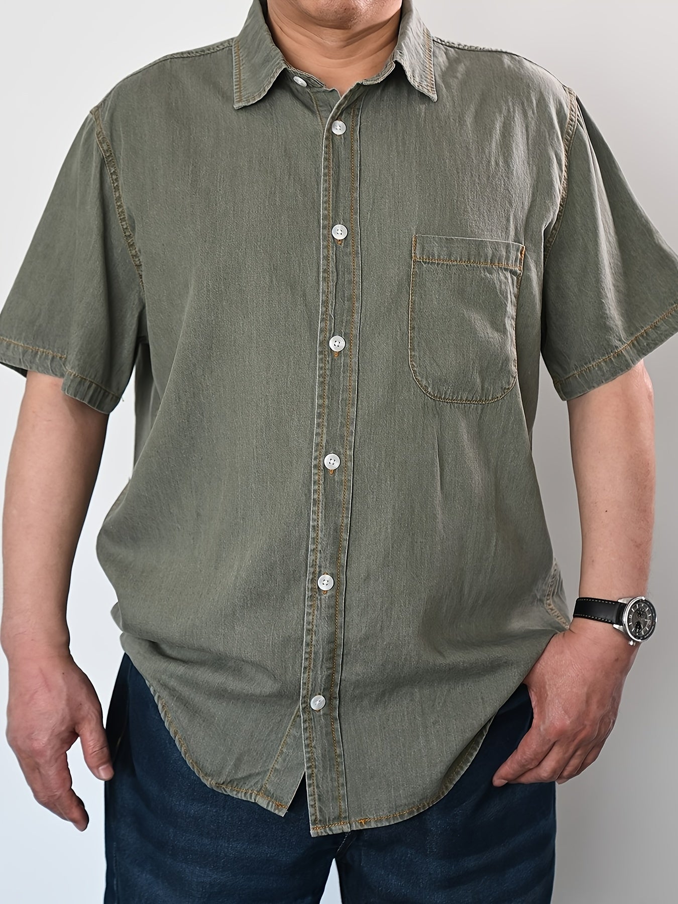 Summer-ready plus size men's denim shirt with vintage flair, V-neck, and button detail. Cotton and lyocell blend, machine washable. Plus size.