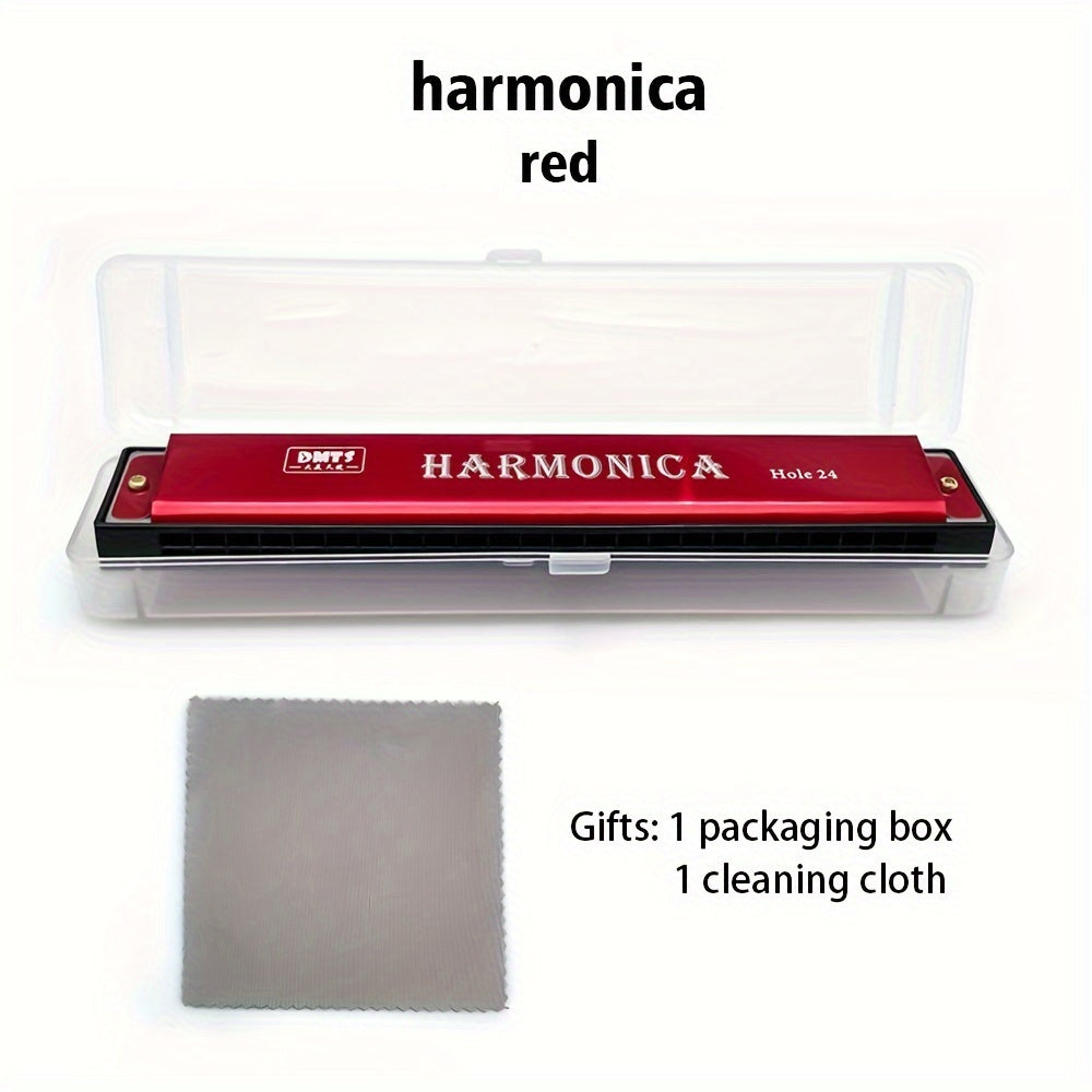 24-hole Golden Harmonica in C Major for all skill levels, includes box, available in white, red, blue, and black.