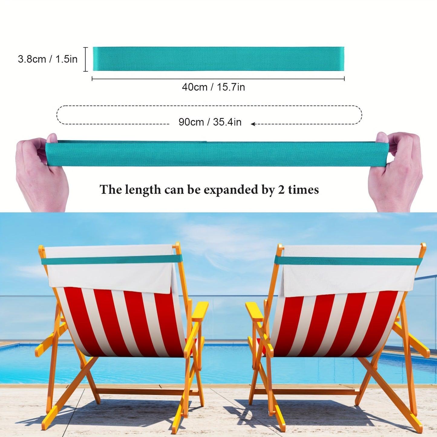 Tropical beach towel band with elastic clamp for chairs and loungers, essential for beach and cruise, stretchable and durable, blue stripes, expands to 90cm.