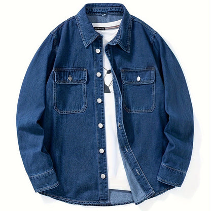 Men's Casual Denim Shirt - Loose fit, long sleeve with chest pocket, machine washable - ideal for spring/fall.