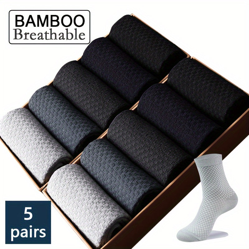 5 Men's Bamboo Fiber Crew Socks - Breathable, Anti-Odor, Stylish Plaid Design