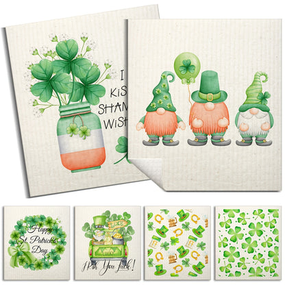 Six-Pack of St. Patrick's Day Kitchen Towels made from Reusable Wood Pulp Fiber. Features Cartoon Gnomes and Clover Print, Square Shape, Fade Resistant, Non-Textile Weaving. Perfect for Kitchen Use as Dishwashing Cloths.