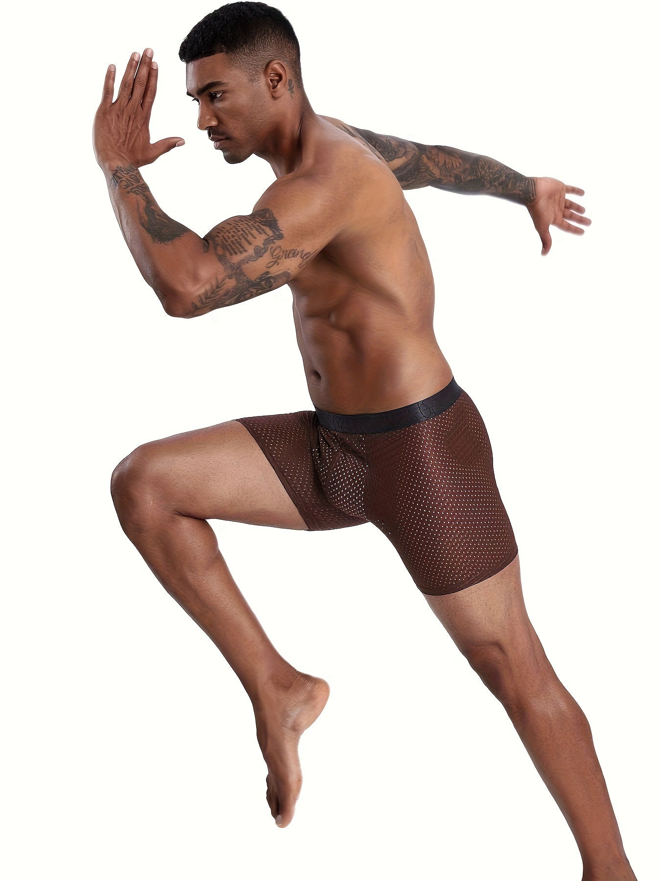 4 pairs of men's underwear with extended trouser legs, mesh holes, flat corners, and breathable fabric.