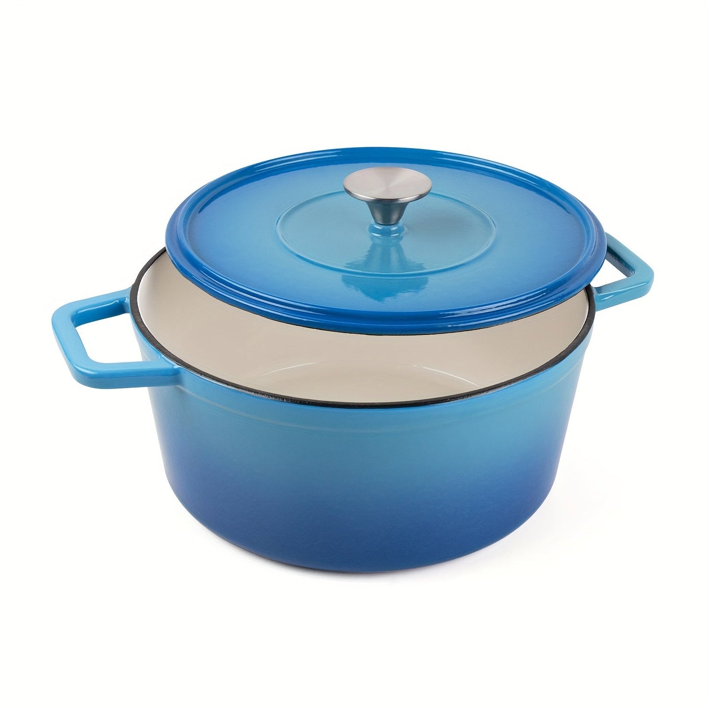 One-piece cookware set includes a 3-quart round pot with flat lid in gradient lake blue color. Made of non-coated cast iron enamel, this durable pot is perfect for all your cooking needs in the kitchen.