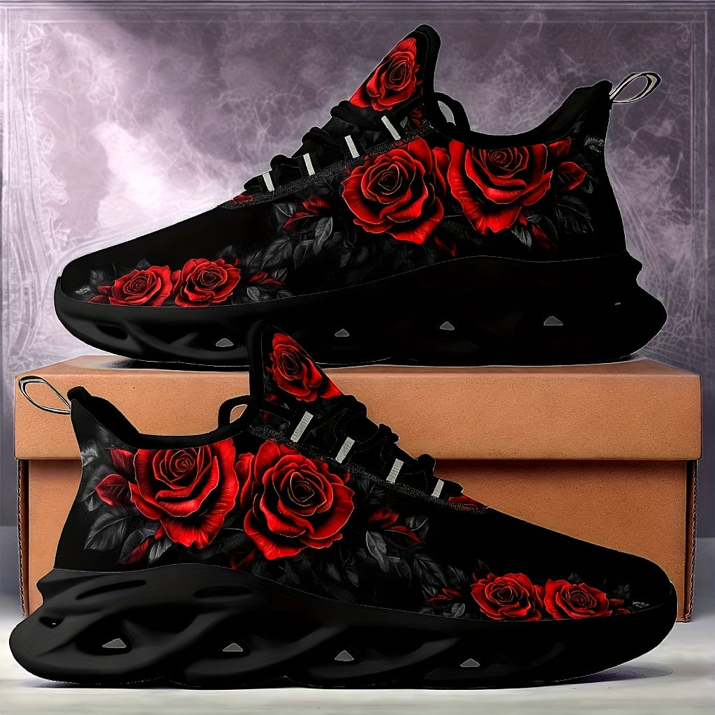 Plus size black rose sneakers with lightweight, cushioned support, breathable fabric lining, and stylish red rose design. Comfortable for all seasons.