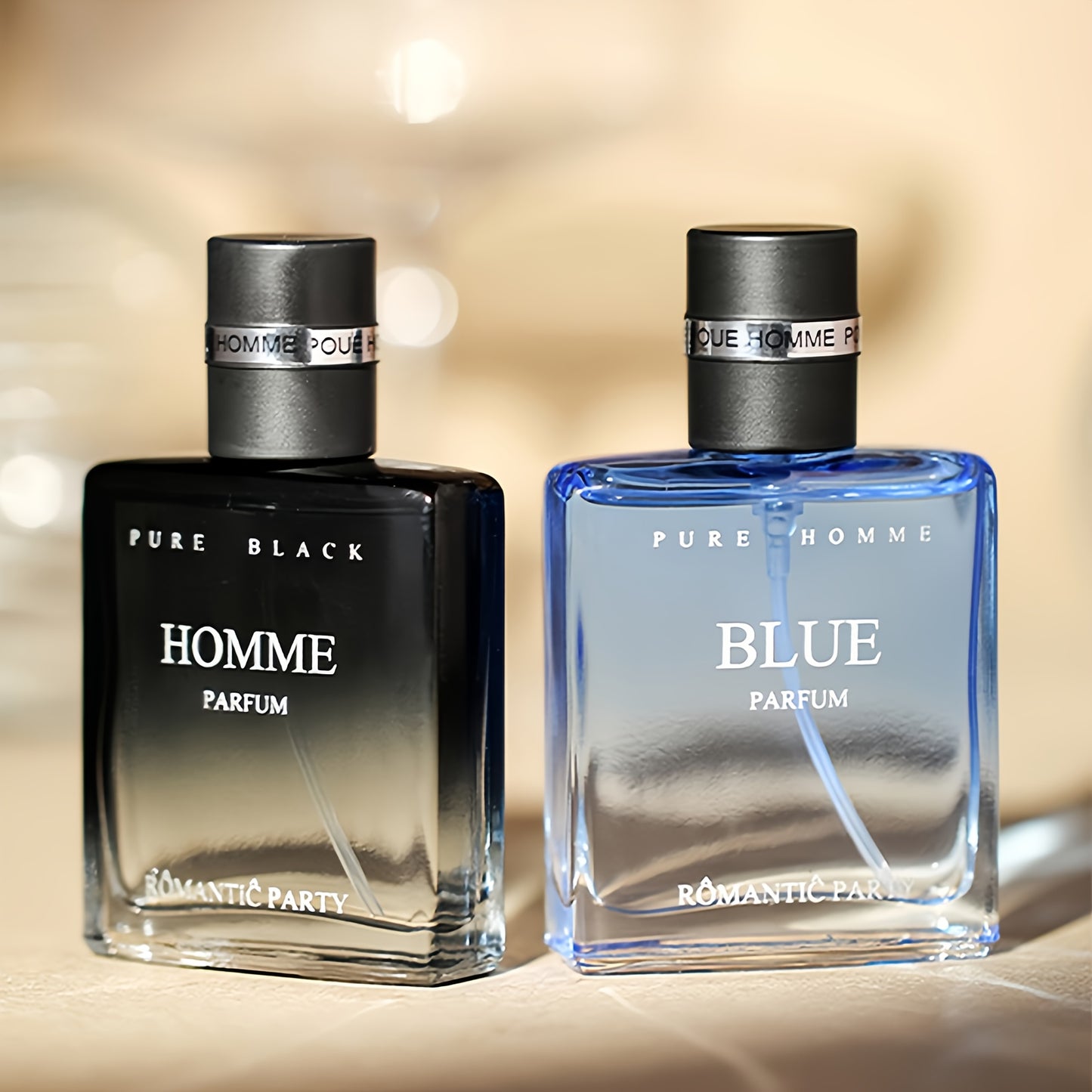 Men's cologne "Homme Parfum" in "Sunshine" Blue and "Confident" Black, with long-lasting light scent and ocean & woody fragrance notes for a charming gentleman's aroma.