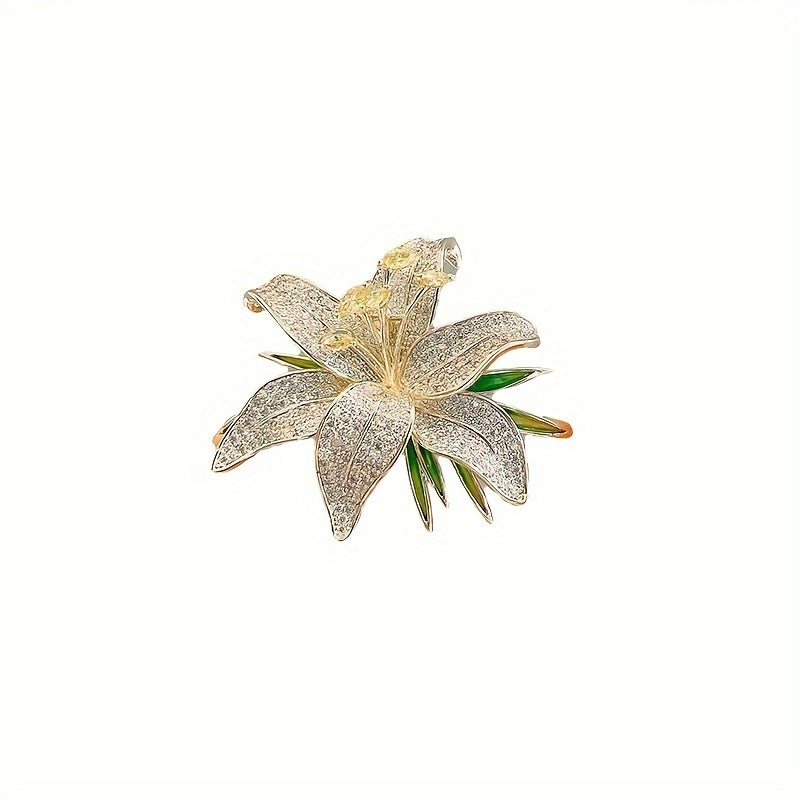 Elegant and Simple Style Luxury Lily Flower Brooch with Full Diamonds, Made of High Quality Alloy Material, Versatile Lapel Pin for Women's Fashion Accessories