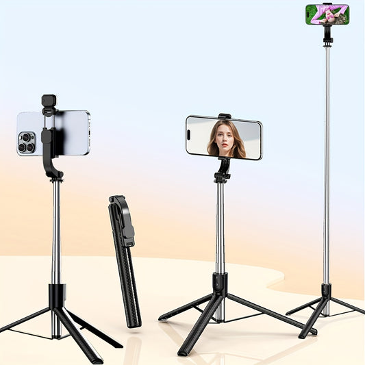 Compact selfie stick with tripod, wireless remote, fill light, and aluminum alloy construction. Compatible with iPhone 14 Pro Max/13/12/11 & Android smartphones, perfect for travel