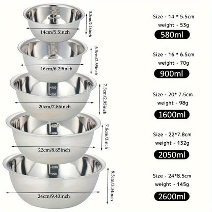 Set of 5 Stainless Steel Mixing Bowls with Measurements - Features Mirror Finish, Dishwasher Safe, and Deep Sides for Salad and Kitchen Applications