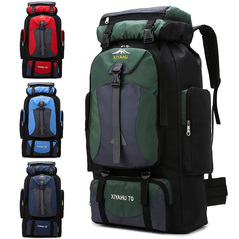 Durable nylon travel backpack for camping and hiking purposes.