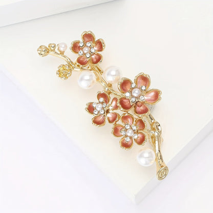 Stylish Floral Branch Brooch adorned with Pearls and Enamel, Trendy Alloy Flower Pin for Women's Fashion Accessory