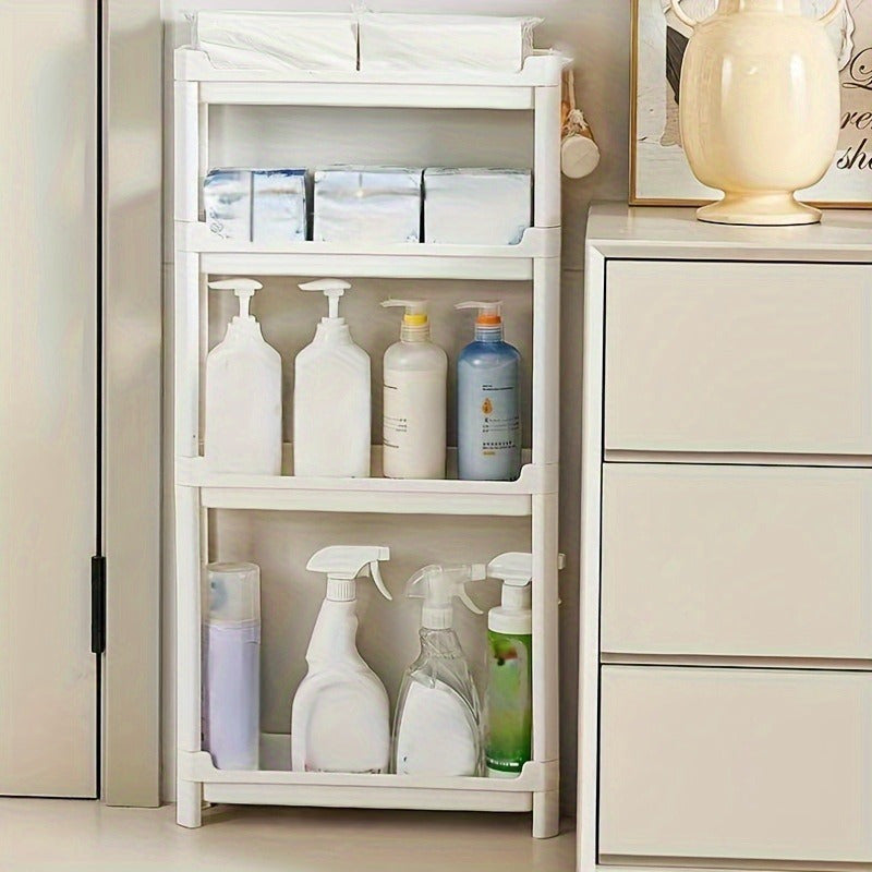 Ultra-thin multi-layer storage cabinet with wheels, perfect for narrow spaces in bathrooms, kitchens, or offices - available in 3 or 8 layers, made of plastic to save space.